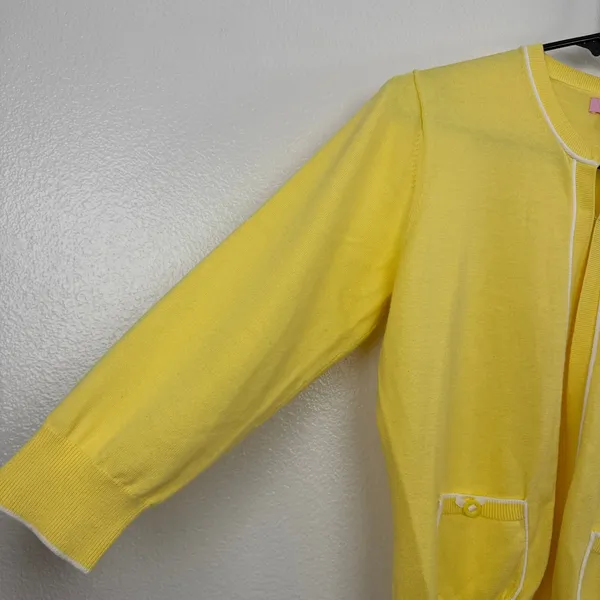 Lilly Pulitzer Cardigan Womens S/M Yellow White Cotton Open Front Knit Sweater - Image 4
