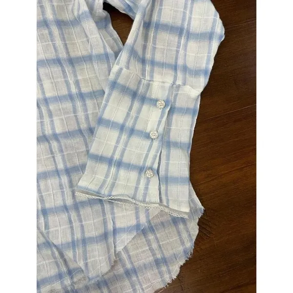 POL Clothing Frayed Ocean Blue Button Down Shirt Flared Sleeves‎ LARGE NWT - Image 3