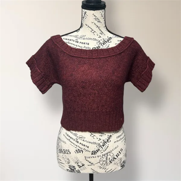 Hollister M Burgundy Wood Blend Off Shoulder Knit‎ Crop Top Short Sleeve Y2K - Image 2