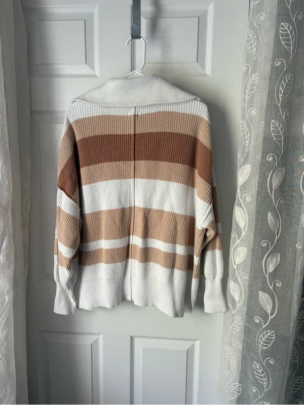 Aerie Beyond Neutral Stripe Knit Oversized Slouchy 1/4 Zip Pullover Sweater S - Image 8