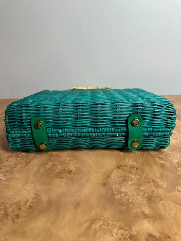 Zara Turquoise Woven Straw Tote Bamboo Ring Handles Beach Resort Handbag Boho - Image 6