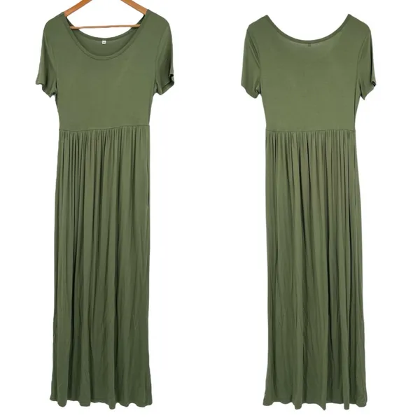 Olive Green Stretchy Maternity Baby Shower Pregnant Party Photos Maxi Dress M - Image 3