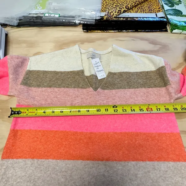 NWT LOFT Women's XS‎ V-Neck Striped Knit Sweater Pink Orange Cream Multi Color - Image 10