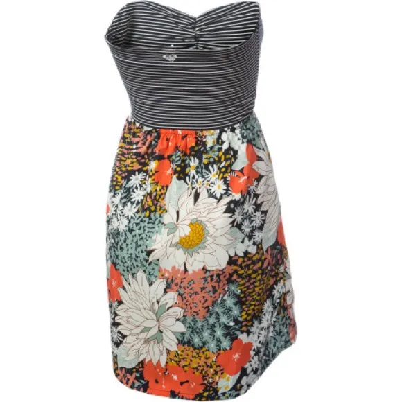 💙Roxy Navy Blue and Orange Colorful Floral Strapless Tube Dress - Image 5