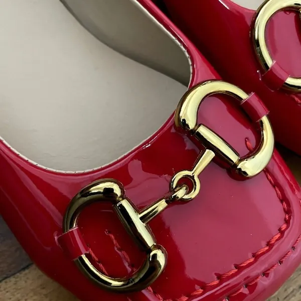 Vintage red shoes gold buckle circle heels comfortable fancy formal - Image 2