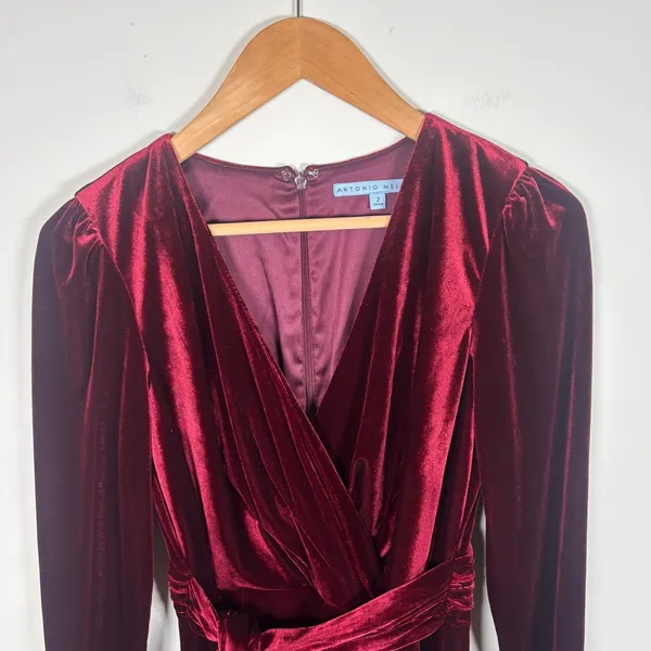 Antonio Melani Burgundy Red Velvet Long‎ Sleeve Wide Leg Jumpsuit Size 2 Holiday - Image 4