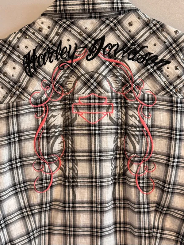 Harley-Davidson Womens 1W Plaid Sleeveless Studded Embroidered Snap‎ Shirt - Image 8