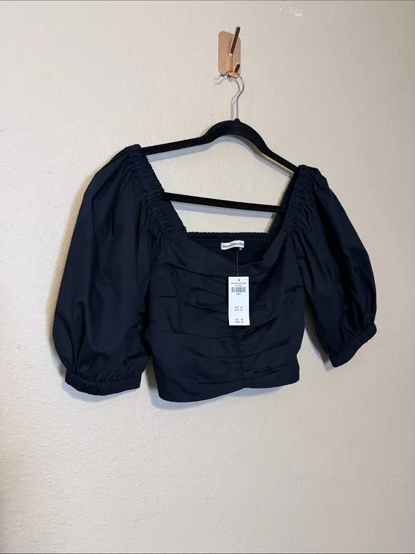Abercrombie & Fitch Square Neck Ruched‎ Puff Sleeve Top Black Size Small NWT - Image 4