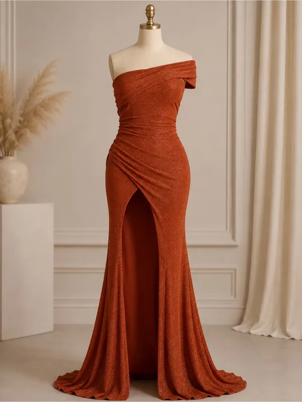 One-Shoulder Rust Evening Dress with High Front Slit - Image 2