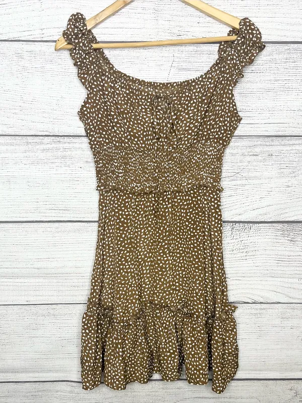 Brown & White Polka Dot Smocked Sleeveless Mini Dress with Ruffle Hem Size Small - Image 2