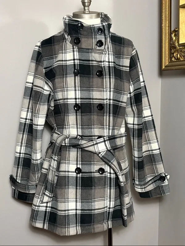 Ike Behar XL Soft Plaid Double Breasted Pea Coat in Black Gray & Taupe - Image 2