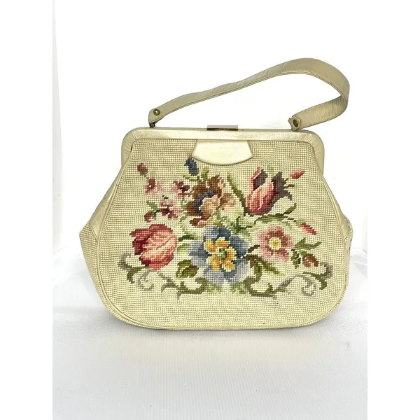 Vintage 50's Needlepoint Floral Purse Handbag Pockets Coin Purse Beige - Image 2