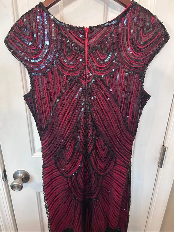 Flapper Dress 1920 Beaded/Fringed/Sequins Size L Black/Red - Image 5