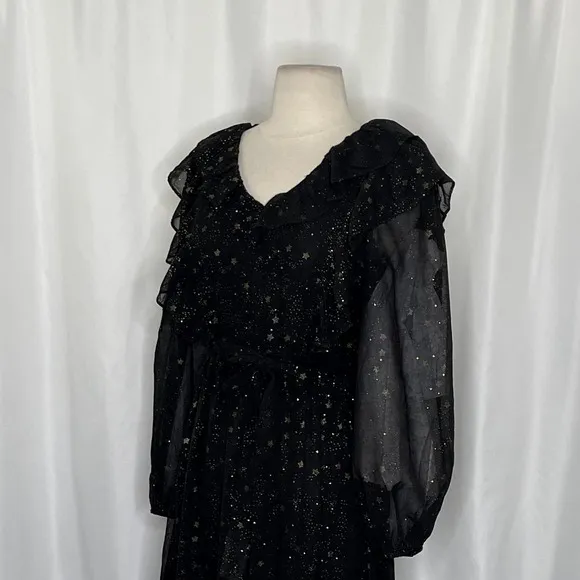 BY THE RIVER Chiffon Midi Dress Ruffled Black Gold Stars Party Glam Star Small‎ - Image 7