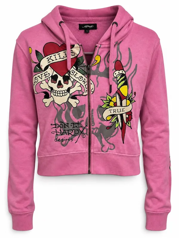 Ed Hardy Pink "Love Kills Slowly" Tiger Dagger Zip-Up Hoodie (Size L) - Image 2