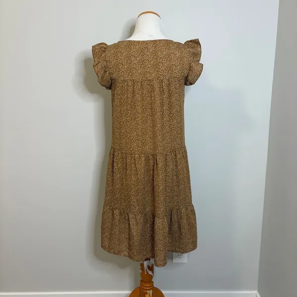 Ruffle Sleeve Tiered Midi Long Short Sleeve Alredine Dress NWOT Casual‎ Brown XS - Image 3