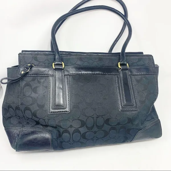 Coach Signature Hampton Black Monogram Canvas Leather Handbag - Image 3