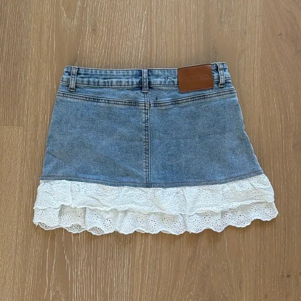 White Fox Run It Up Frill Denim Mini Skirt with Lace Size S in Blue White - Image 2