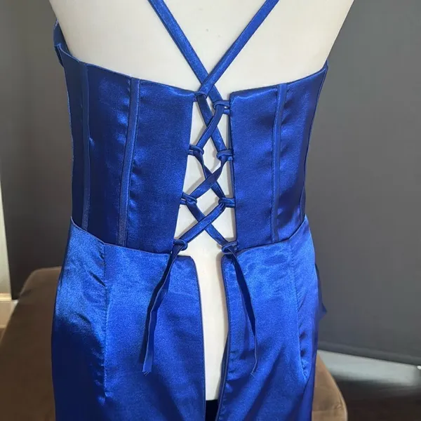 Women’s Blue Full Length Prom Dress CrissCross Straps Leg Slit Size 6 *READ - Image 11