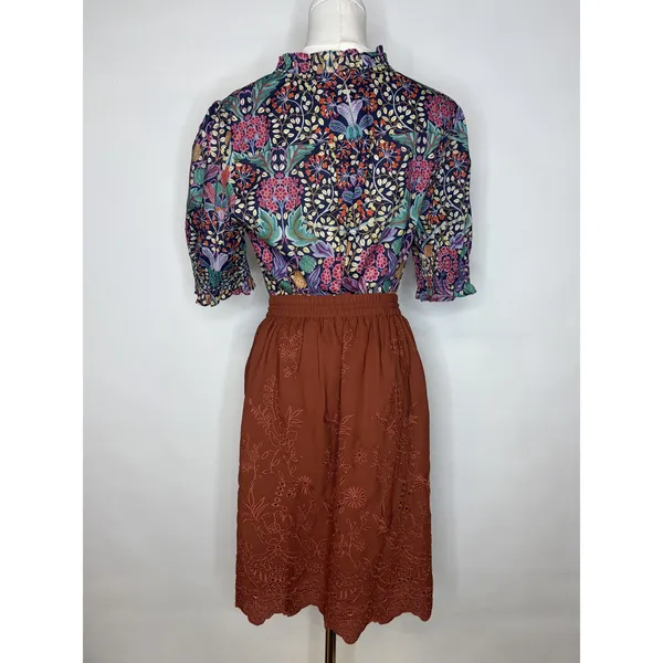 Lottie Rust Brown Eyelet Embroidered Scalloped Mini Skirt Boho Drawstring Waist‎ - Image 4
