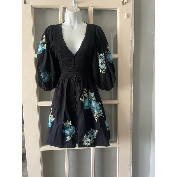 ASOS DESIGN cotton poplin embroidery shirred bodice mini dress in black - Image 5