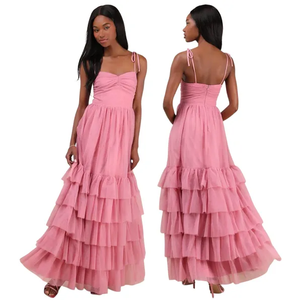 Lulus Endlessly Darling Dusty Rose Mesh Tiered Tie-Strap Maxi Dress size XL NWT - Image 2