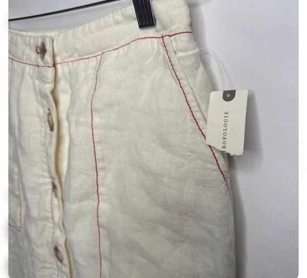 NWOT Anthropologie Amadi 100% linen cream button down red stitching skirt sz Sm - Image 3