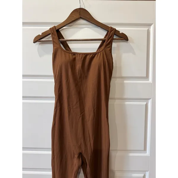 Halara Brown Jumpsuit Ribbed Cut‎ Out Back XS Athleisure Minimalist - Image 3