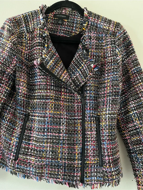 Halogen Black Multicolor Tweed Moto Blazer Jacket Small Petite Fringe Preppy - Image 3