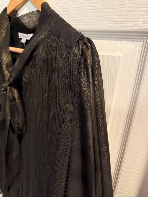 Nanette Lepore Metallic Shimmer Black Gold Pleated Bow Neck Top - Image 7