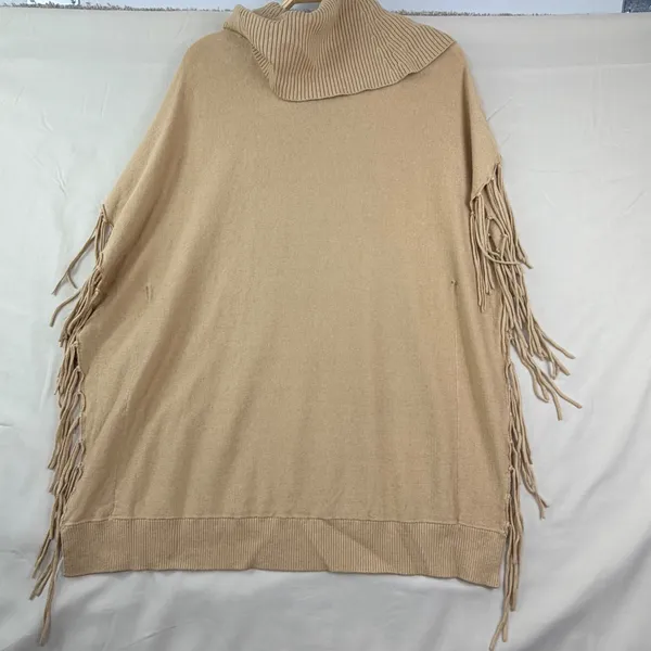 Michael Kors Size M Camel Fringe Knit Poncho Sweater Western Layering Boho - Image 2