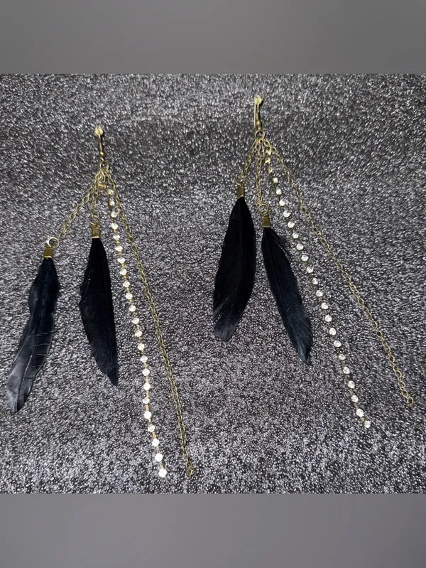 Gold Chain & Black Feather Drop Earrings with Rhinestones - Image 5