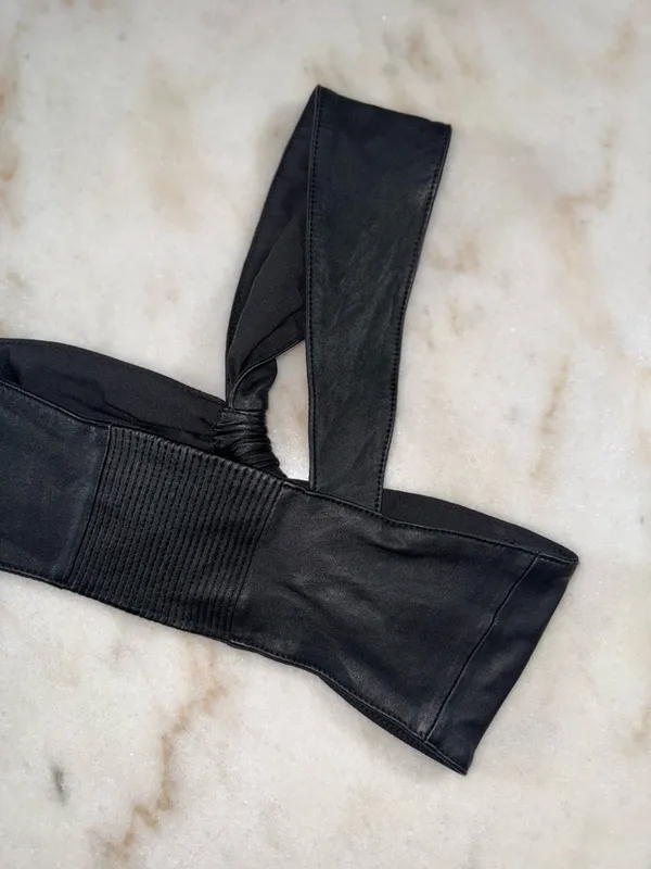 ZARA Black Leather One Shoulder Knot Crop Top Lambskin Stretch Band Small EUC - Image 7