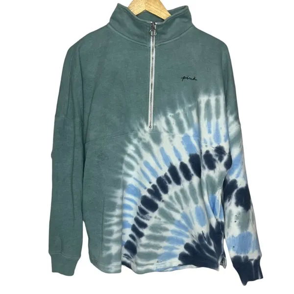 PINK Women's XS 1/4 Zip Tie Dye Sweatshirt Blue Gray Loungewear Oversized Comfy‎ - Image 3