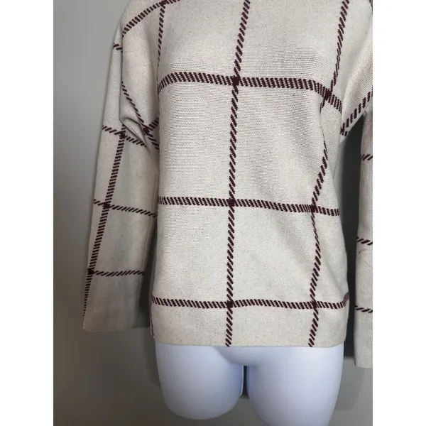 Maje‎ Mademoiselle Bordeaux Windowpane Wool Blend Sweater Cream Burgundy Size 1 - Image 3