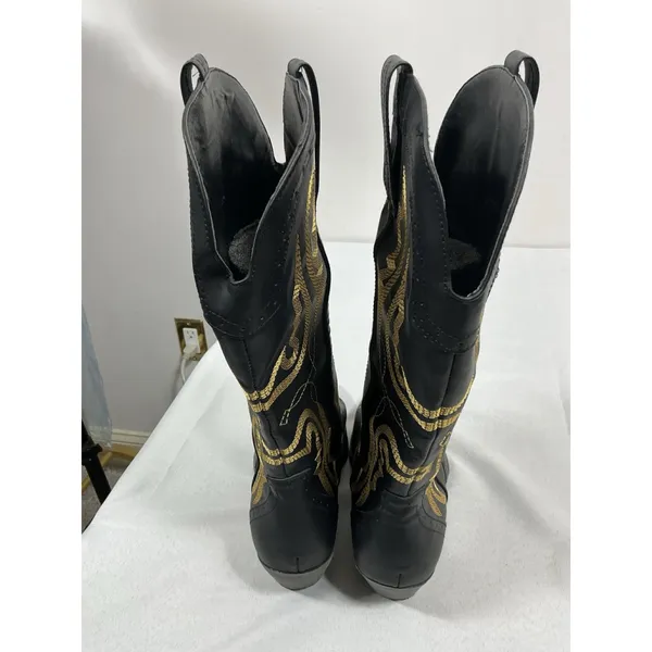 Womans Pullon Midcalf Cowgirl Boots 9 Black Gold Heel Stitching NWOT - Image 4