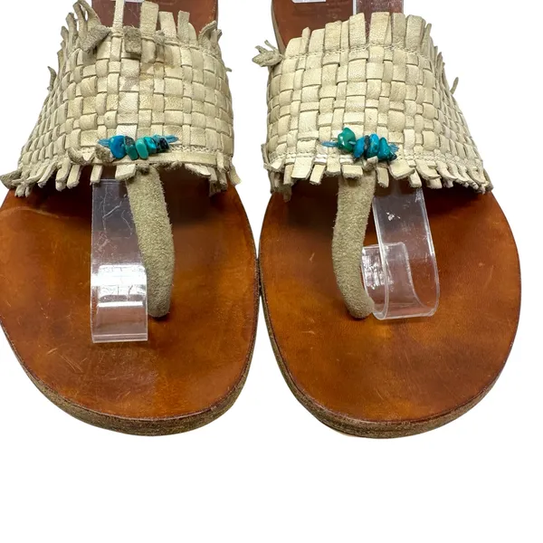 Henry Cuir‎ Slide Sandals Leather Woven Rattan Beaded Tan Brown Size 38 US 8 - Image 10