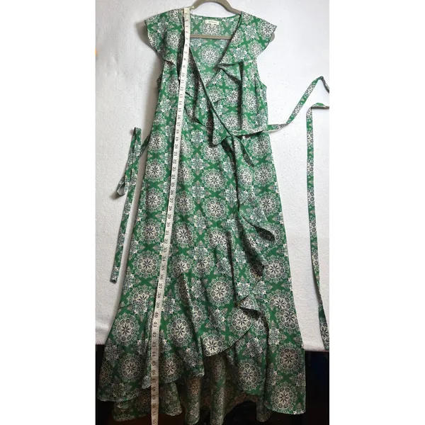 Max Studio Green Mandala Print Ruffle Faux Wrap Maxi Dress Large - Image 9