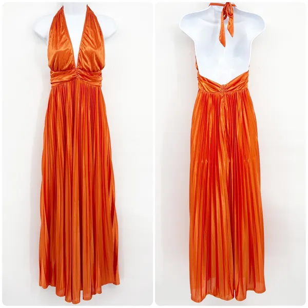 Hello Molly Womens Shimmering Sea Pleated Halter Resortwear Maxi Dress Orange 4‎ - Image 3