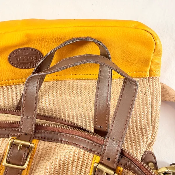 Fossil Woven & Leather‎ Fold Over Handbag with Strap Tan Brown Yellow - Image 7