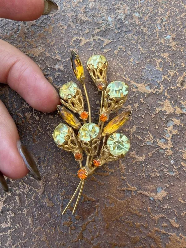 Swarovski Vintage 1960s brooch with gold-tone metal and light green and orange rhinestones arranged in a floral cluster design -no brand stamp - Image 2