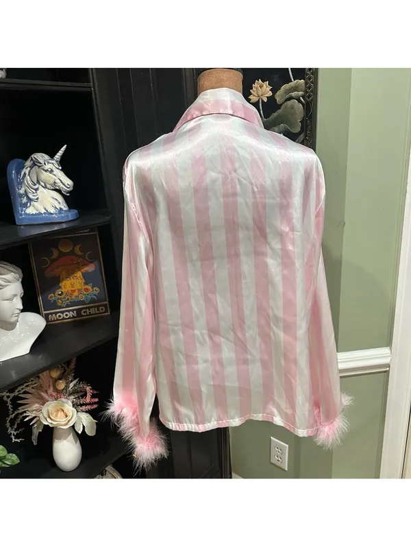 Linea Donatella Pink Stripe Feather‑Trim Pajama Set – Size Large - Image 9