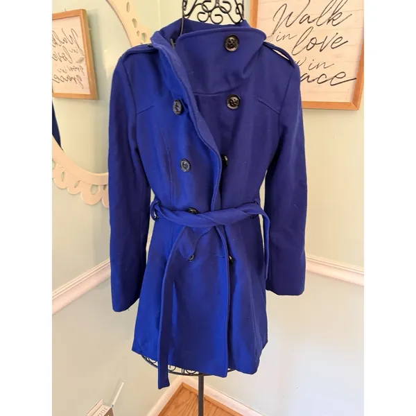 Guess Trench Coat Womens Small Blue Good Wool Blend‎ Double Breasted Belted - Image 2