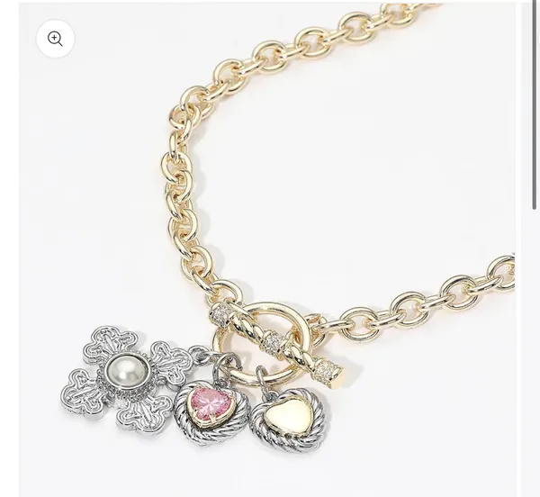 14K Gold Plated Pink Heart Pearl Accent Cross Charm Pendant Toggle Necklace - Image 2
