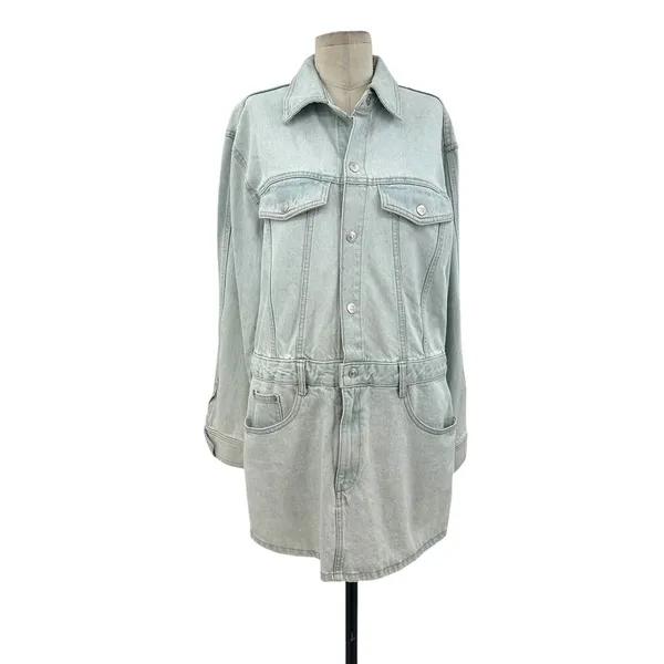 Zara Denim Short Mini Dress Light Wash Blue Long Sleeves Coverall Size Large‎ - Image 3