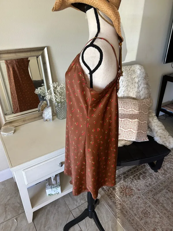 Wild fable, Brown, cherry print lace trim, slip mini dress large - Image 4
