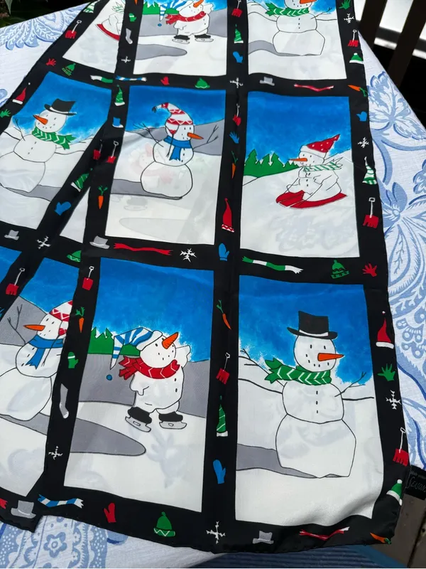 Silk Scarf 100% Made Exclusively For Seasons Snowmen Ski Sled Skate - Image 3
