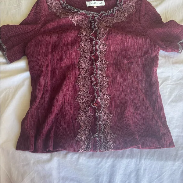 Elegant Burgundy Lace Trim Top - Image 3