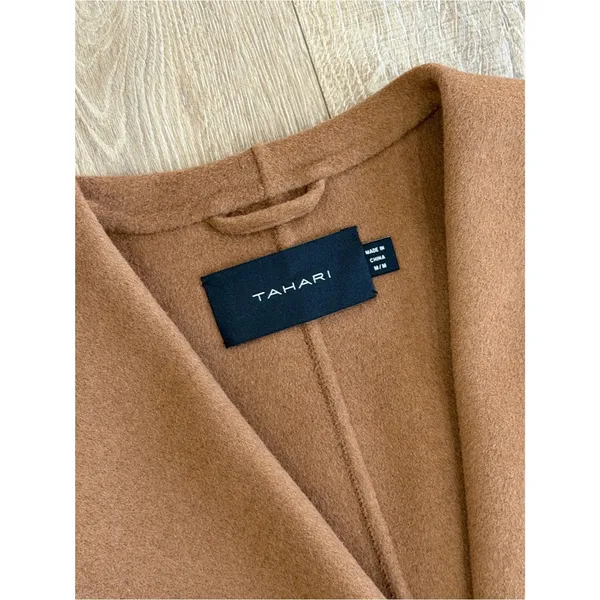 Tahari Wool Blend Faux Leather Trim Belted Coat Caramel Size Medium - Image 9