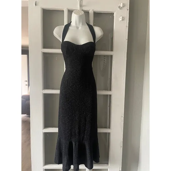 Anthropologie Hutch Black Textured Halter Midi Dress Flounce Hem - Image 7